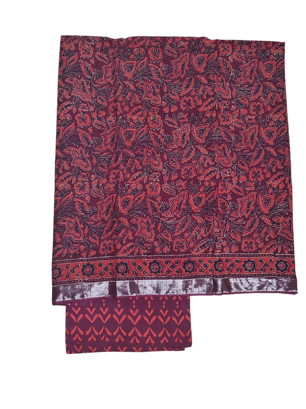 Wine Linen Hand block Print Unstitched Salwar Suit Set with Linen Dupatta