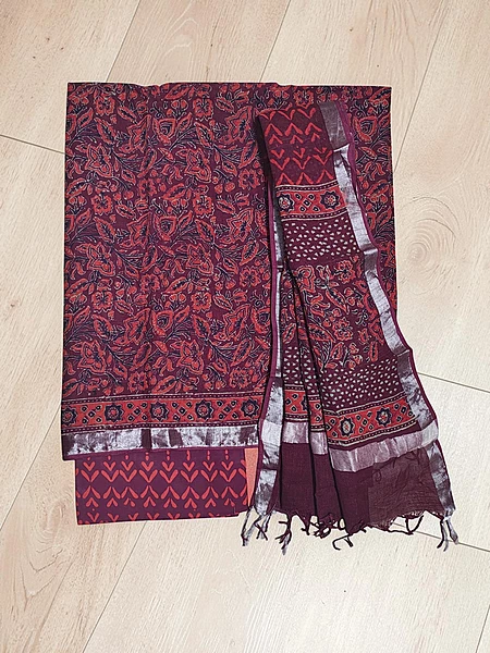 Wine Linen Hand block Print Unstitched Salwar Suit Set with Linen Dupatta