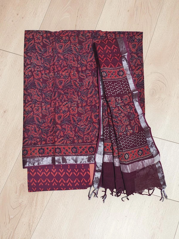 Wine Linen Hand block Print Unstitched Salwar Suit Set with Linen Dupatta