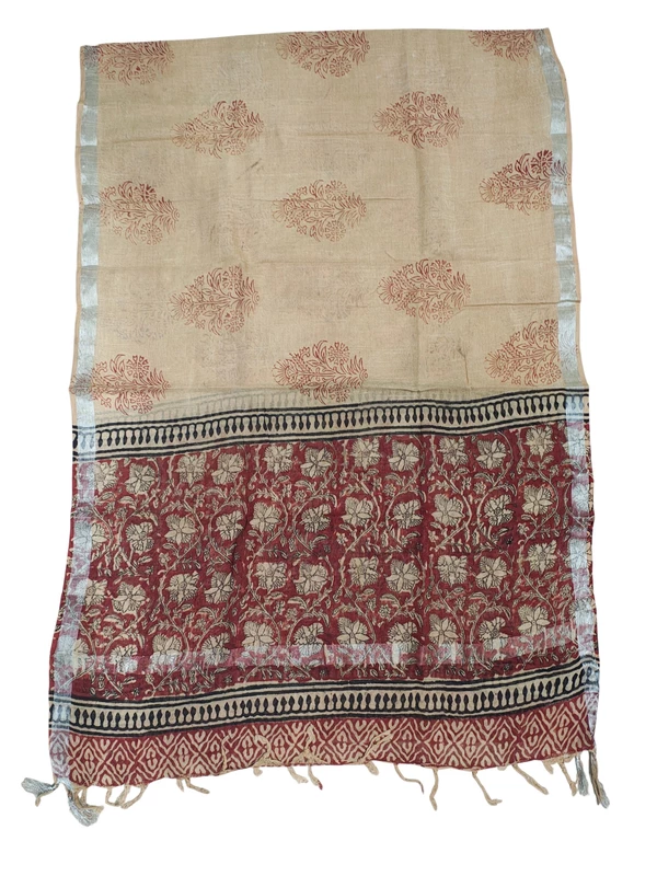 Maroon Linen Hand block Print Unstitched Salwar Suit Set with Linen Dupatta
