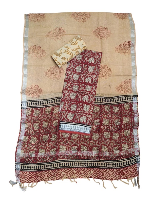 Maroon Linen Hand block Print Unstitched Salwar Suit Set with Linen Dupatta