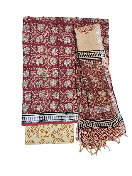 Maroon Linen Hand block Print Unstitched Salwar Suit Set with Linen Dupatta