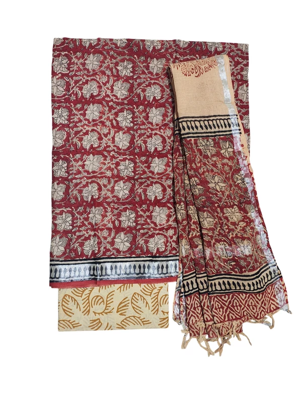 Maroon Linen Hand block Print Unstitched Salwar Suit Set with Linen Dupatta