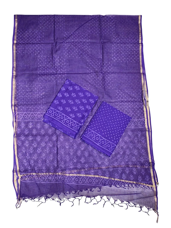Purple Kota Doria Hand block Print Unstitched Suit Set