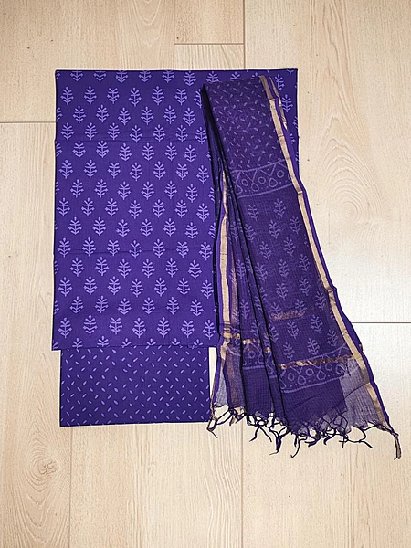 Purple Kota Doria Hand block Print Unstitched Suit Set