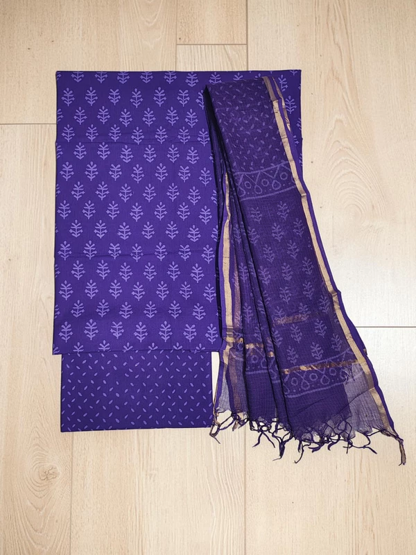 Purple Kota Doria Hand block Print Unstitched Suit Set