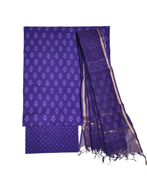 Purple Kota Doria Hand block Print Unstitched Suit Set