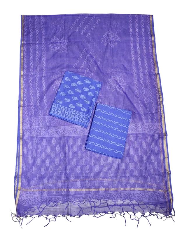 Purple & Green Hand Block Print Kota Doria Unstitched Suit Set