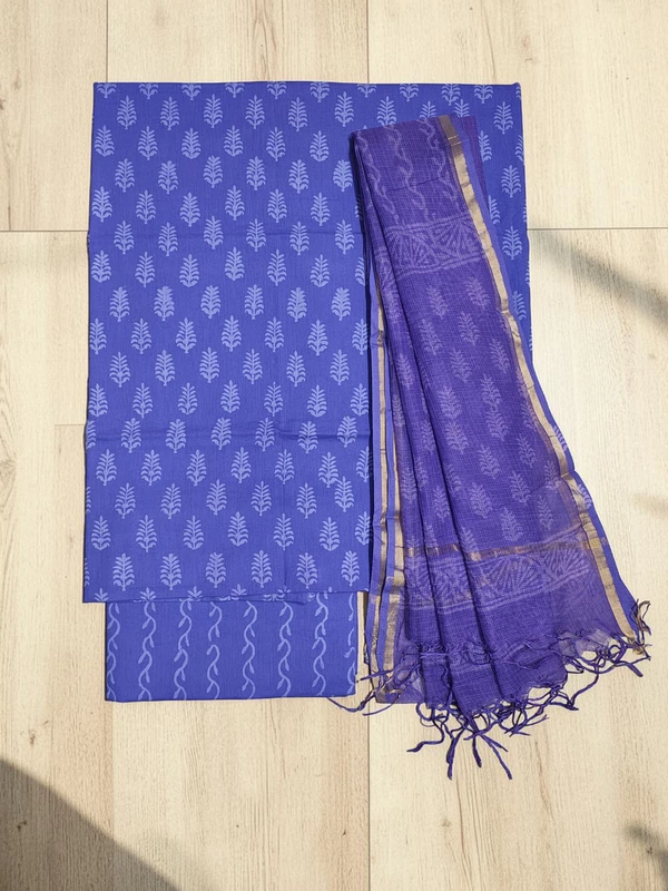 Purple & Green Hand Block Print Kota Doria Unstitched Suit Set