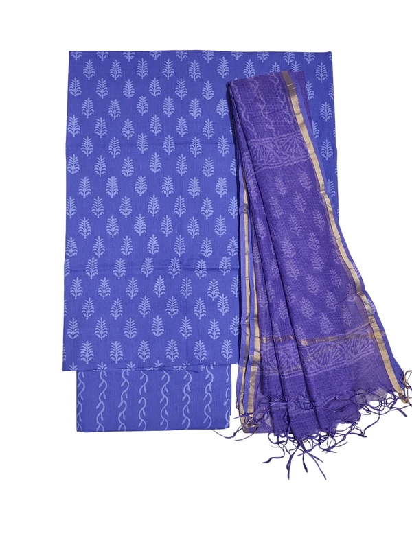 Purple & Green Hand Block Print Kota Doria Unstitched Suit Set