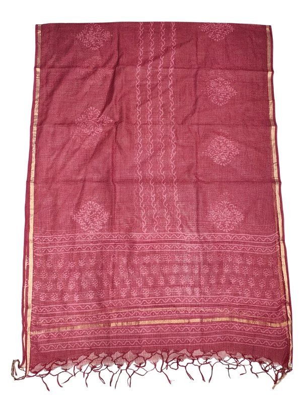 Wine Kota Doria Hand block Print Unstitched Suit Set