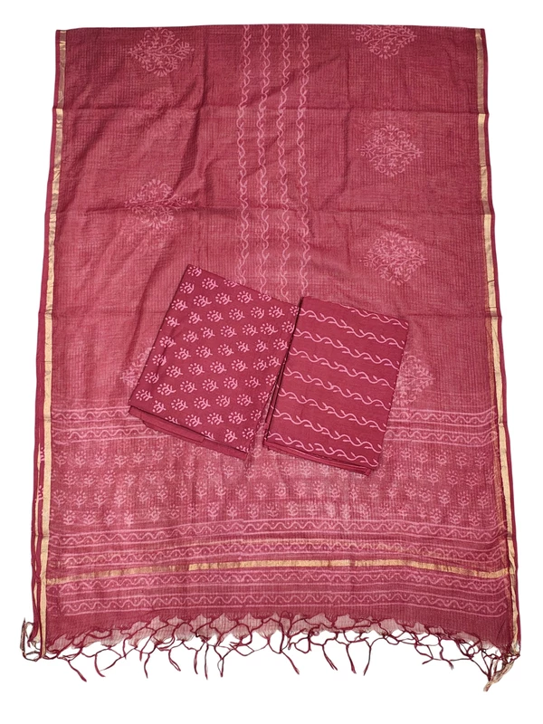 Wine Kota Doria Hand block Print Unstitched Suit Set