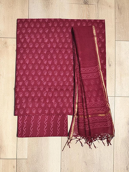 Wine Kota Doria Hand block Print Unstitched Suit Set