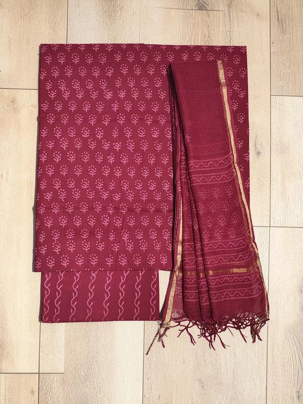 Wine Kota Doria Hand block Print Unstitched Suit Set