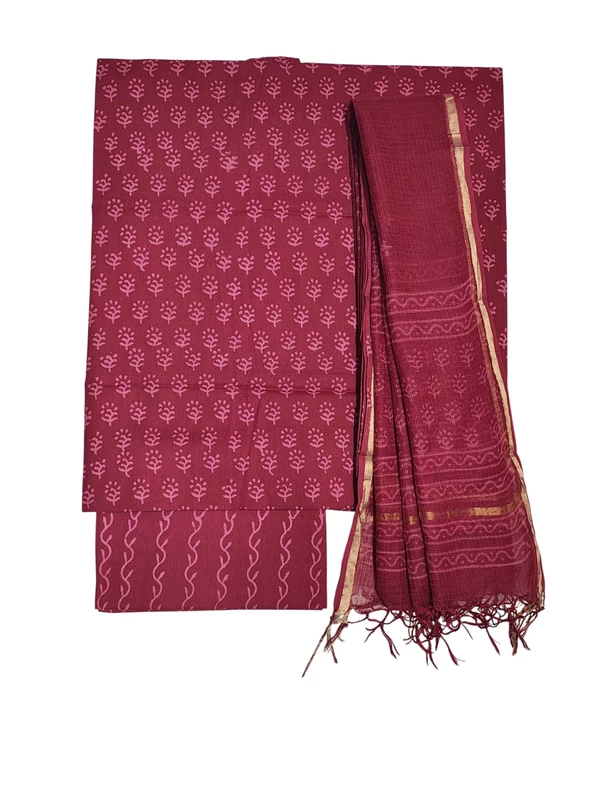 Wine Kota Doria Hand block Print Unstitched Suit Set