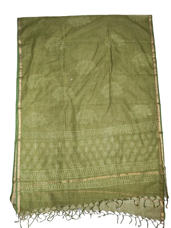 Green Kota Doria Hand block Print Unstitched Suit Set