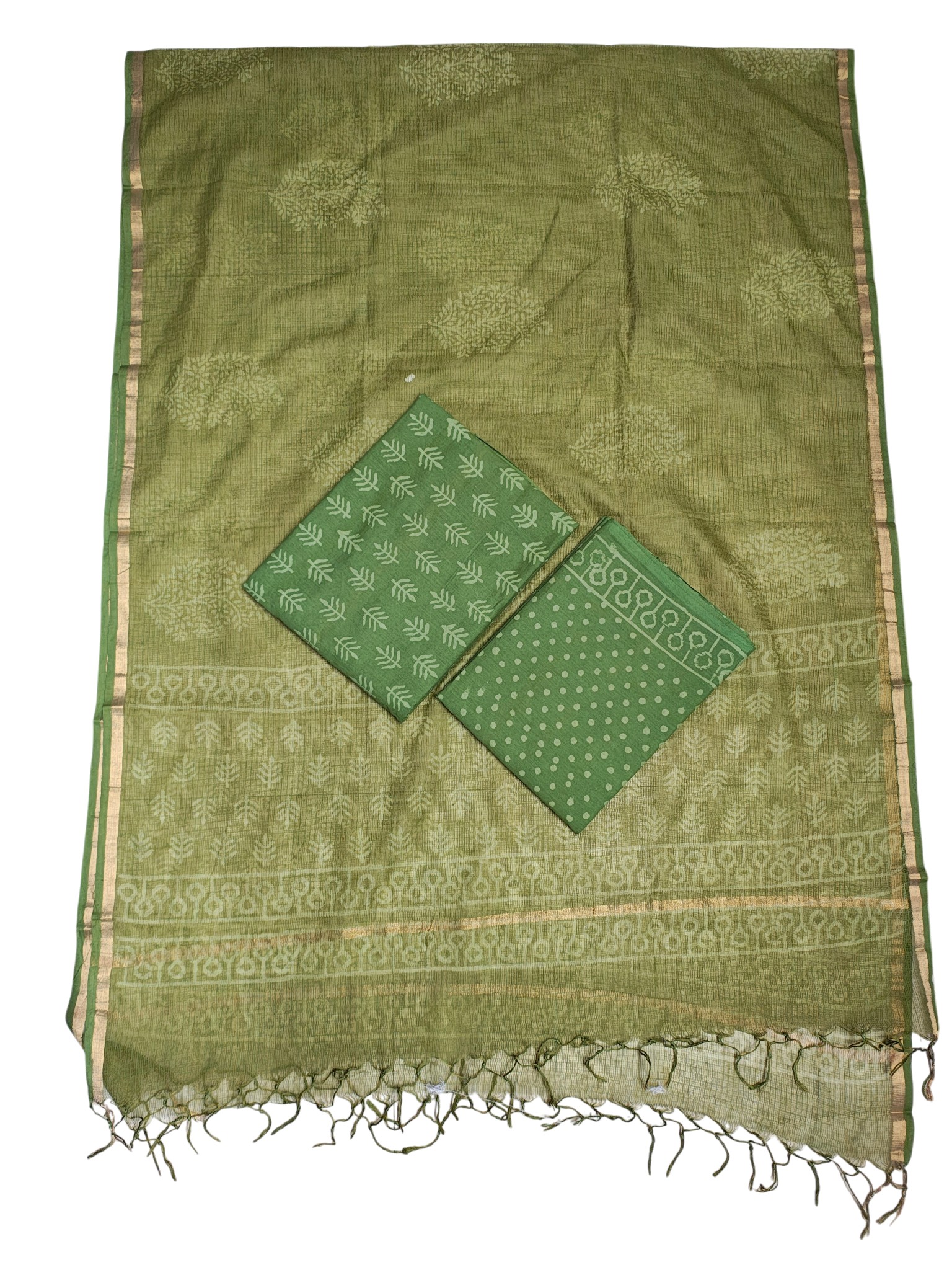Green Kota Doria Hand block Print Unstitched Suit Set