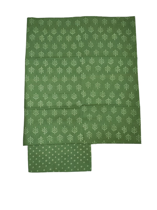 Green Kota Doria Hand block Print Unstitched Suit Set