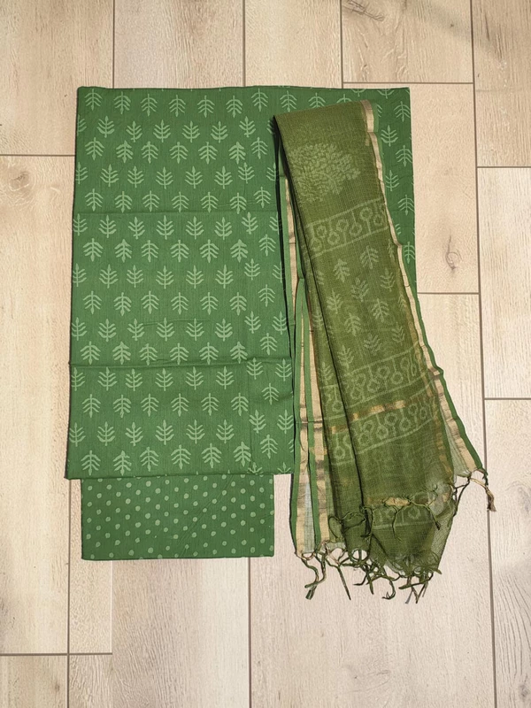 Green Kota Doria Hand block Print Unstitched Suit Set