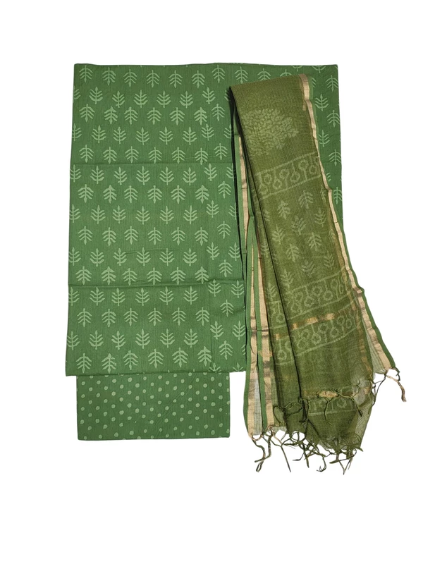 Green Kota Doria Hand block Print Unstitched Suit Set
