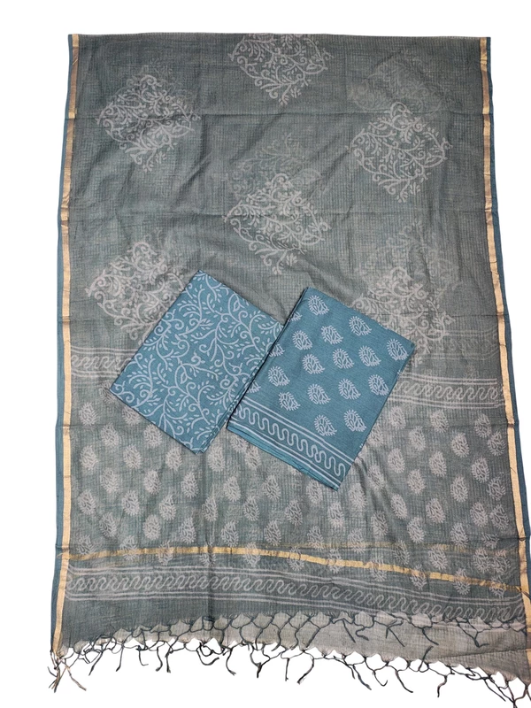 Firoza Kota Doria Hand block Print Unstitched Suit Set