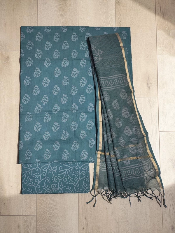 Firoza Kota Doria Hand block Print Unstitched Suit Set