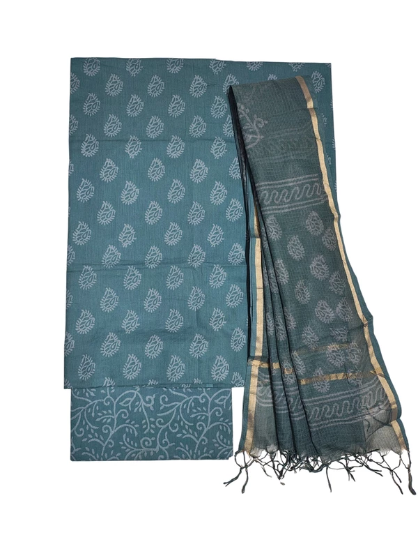Firoza Kota Doria Hand block Print Unstitched Suit Set