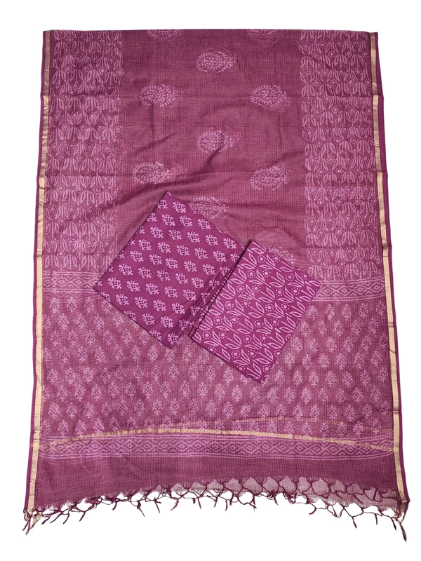 Dark Pink Kota Doria Hand block Print Unstitched Suit Set