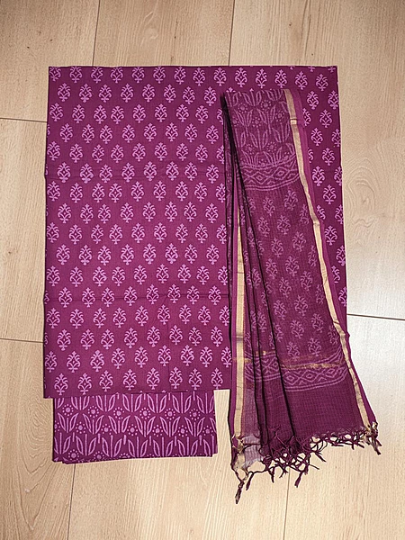 Dark Pink Kota Doria Hand block Print Unstitched Suit Set