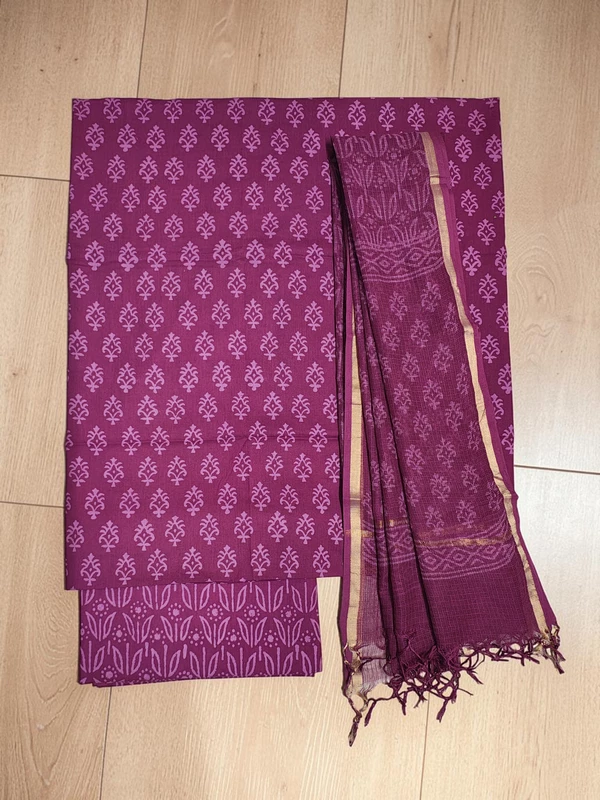 Dark Pink Kota Doria Hand block Print Unstitched Suit Set
