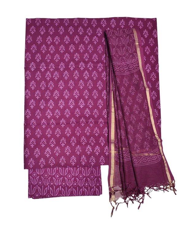 Dark Pink Kota Doria Hand block Print Unstitched Suit Set