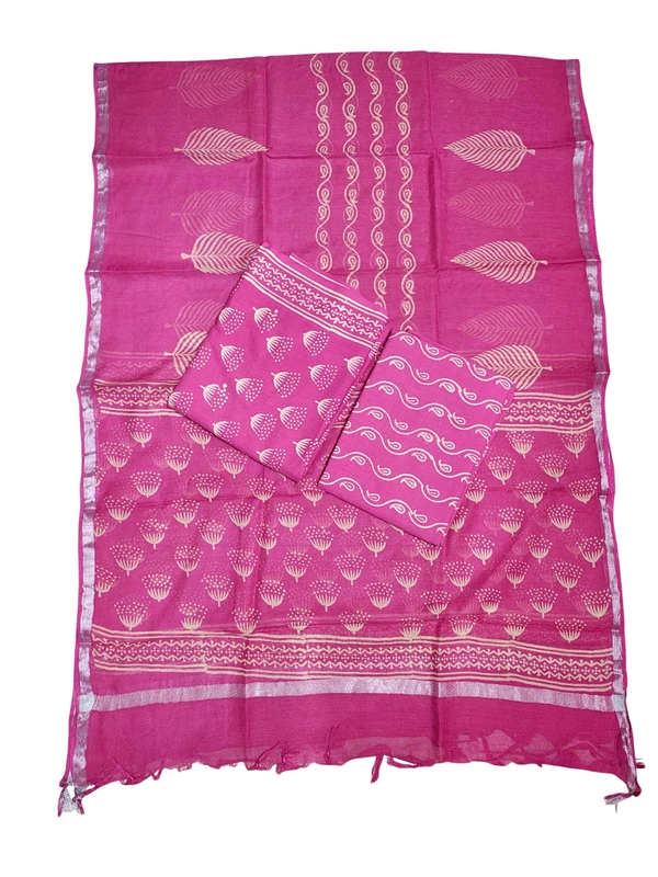 Dark Pink Hand Block Print Pure Cotton Dress Material with Linen Dupatta