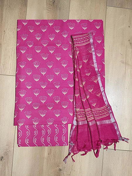 Dark Pink Hand Block Print Pure Cotton Dress Material with Linen Dupatta