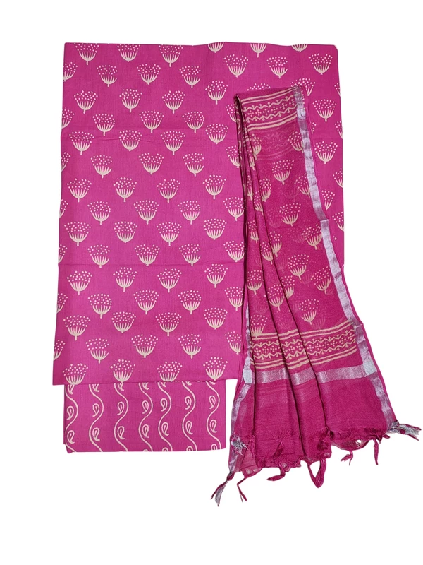 Dark Pink Hand Block Print Pure Cotton Dress Material with Linen Dupatta