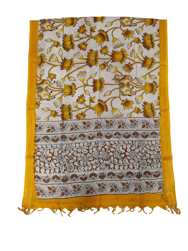 Mustard & Beige Kalamkari Silk Dupatta