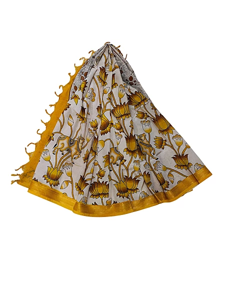 Mustard & Beige Kalamkari Silk Dupatta