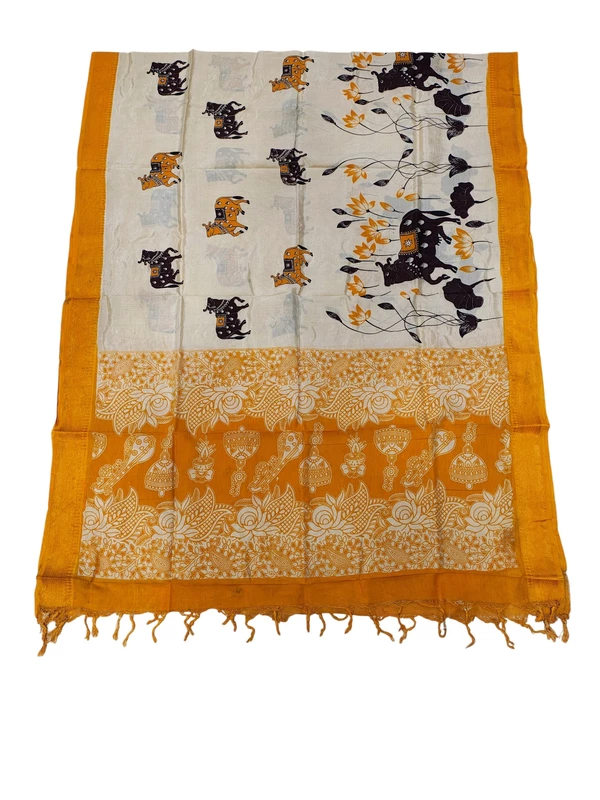 Yellow & Beige Kalamkari Silk Dupatta