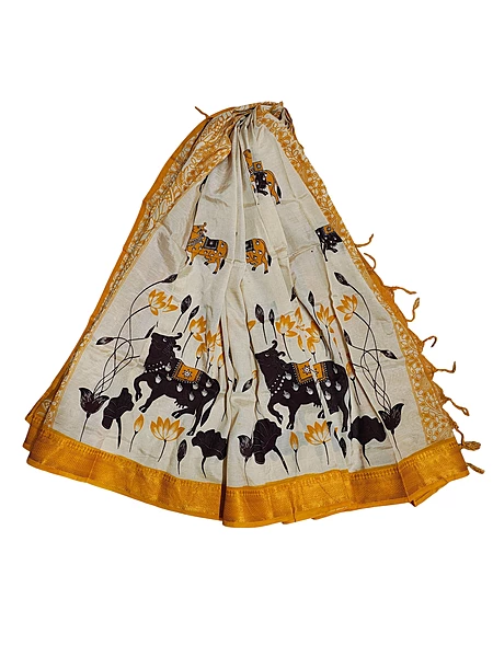 Yellow & Beige Kalamkari Silk Dupatta