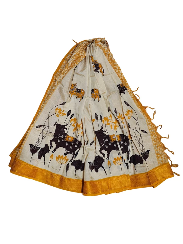Yellow & Beige Kalamkari Silk Dupatta
