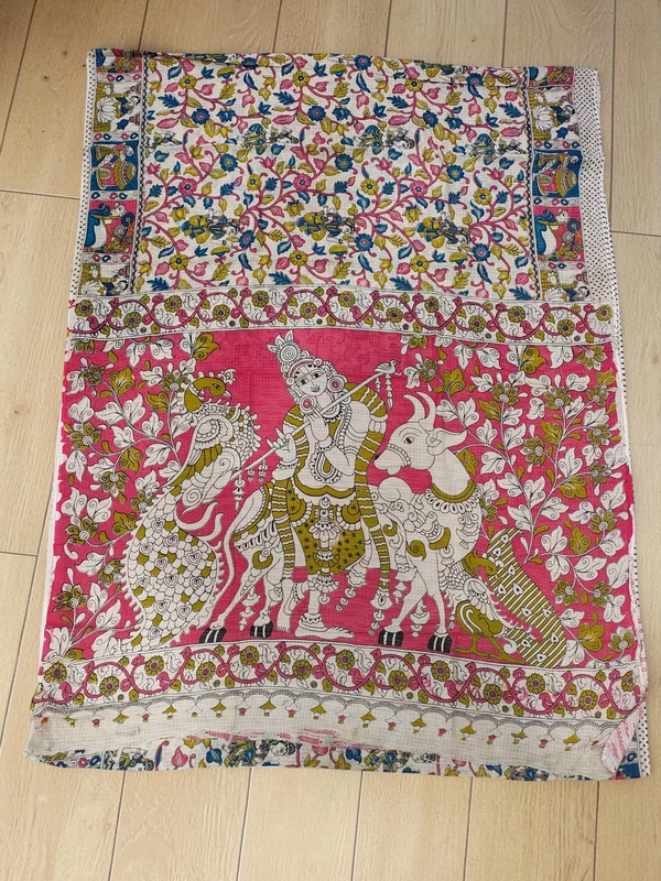 Beige & Blue Kalamkari Kota Doria Saree for Women