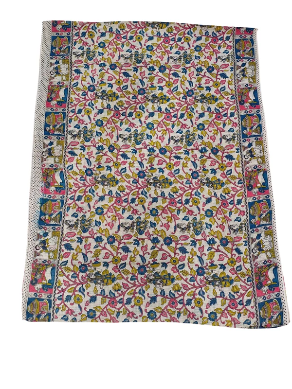 Beige & Blue Kalamkari Kota Doria Saree for Women