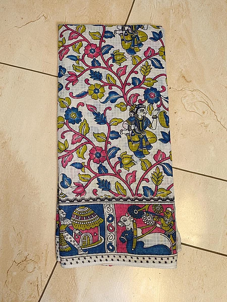 Beige & Blue Kalamkari Kota Doria Saree for Women