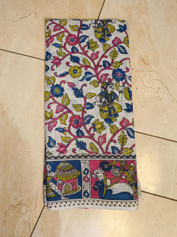 Beige & Blue Kalamkari Kota Doria Saree for Women