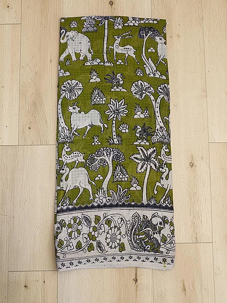 Olive Green & Beige Kalamkari Kota Doria Saree for Women