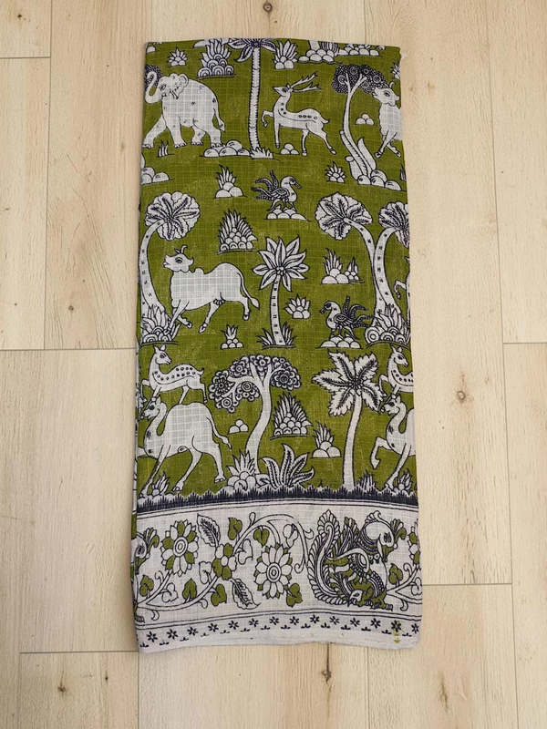 Olive Green & Beige Kalamkari Kota Doria Saree for Women