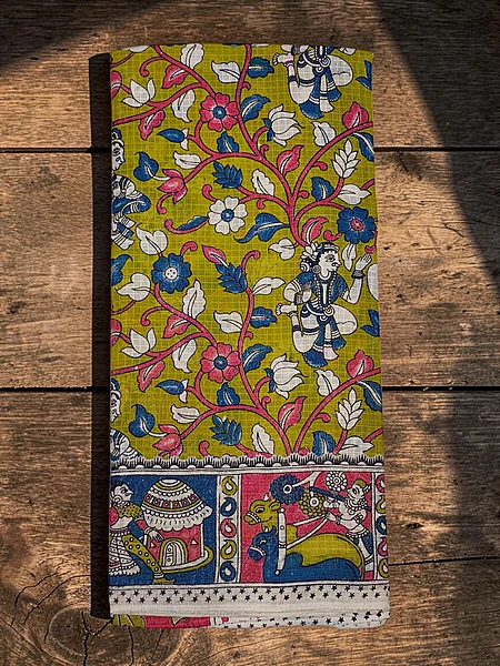 OliveGreen & Blue Kalamkari Kota Doria Saree for Women