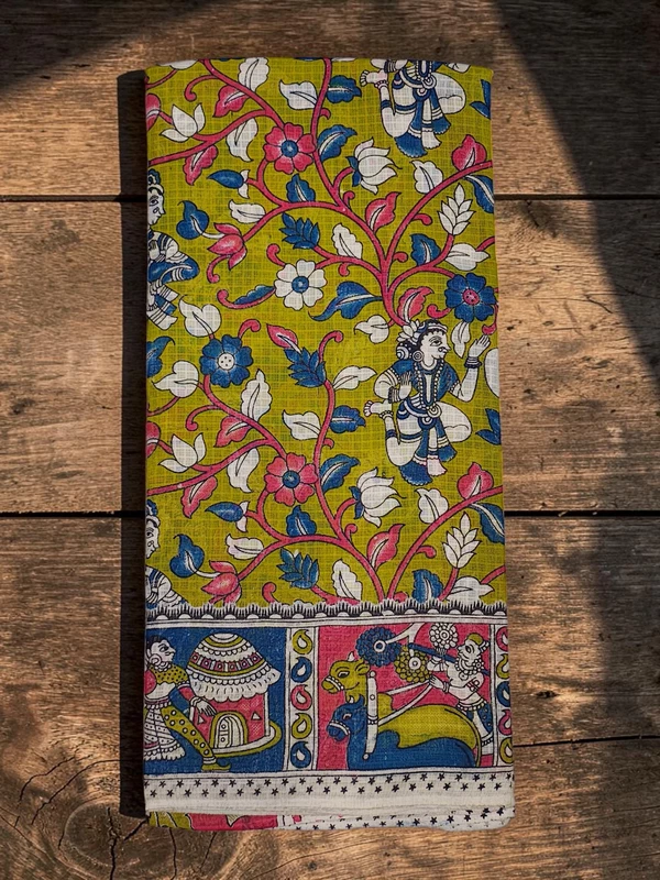 OliveGreen & Blue Kalamkari Kota Doria Saree for Women