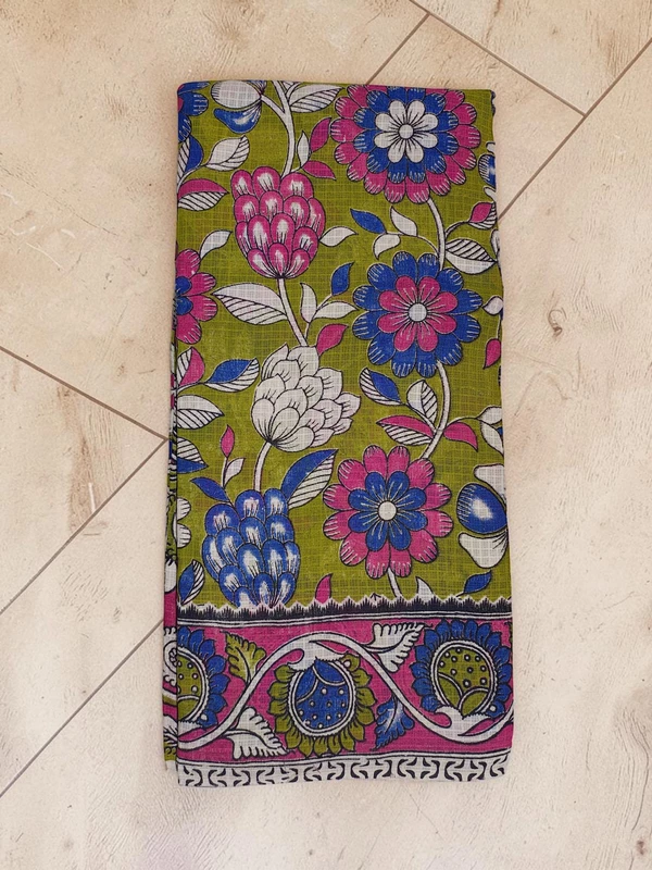 OliveGreen & Pink Kalamkari Kota Doria Saree for Women