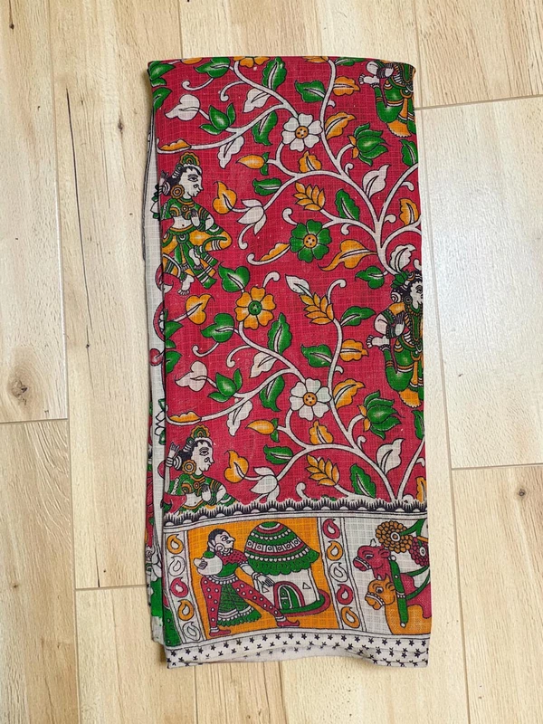 Red Kalamkari Kota Doria Saree for Women