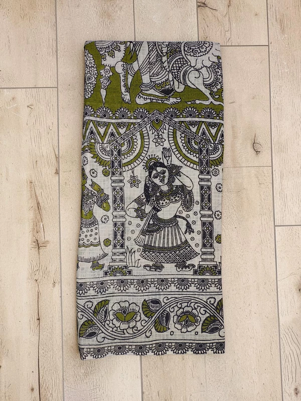 Olive Green Kalamkari Kota Doria Saree for Women